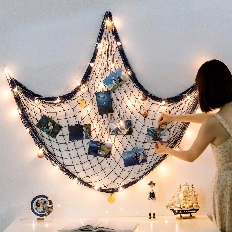 

Photo Hanging Display Frames Coastal Decorative Nautical Fish Net with Sea Shells and Clips for Dorm Home Wall Party Decorations