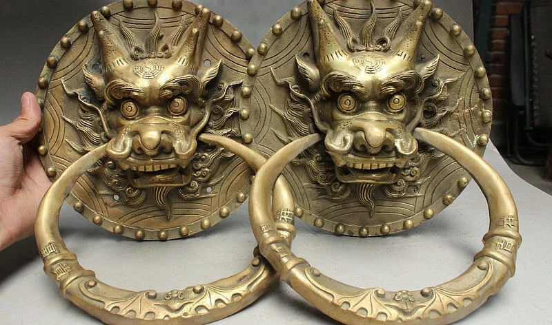 

12" Old China Fengshui Bronze Guard Exorcism Dragon Kylin Head Door Knocker Pair