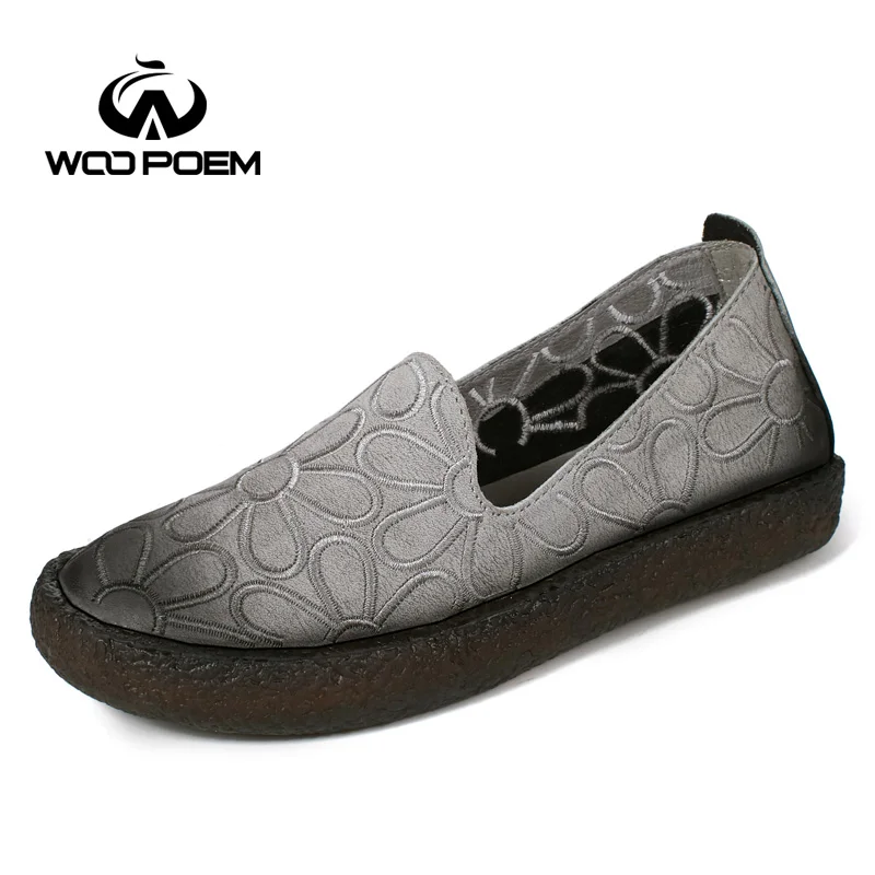 WooPoem Loafers Shoes Woman Breathable Genuine Leather Flats Slip-On Low Heel Soft Cow Muscle Sole Embroider Women Shoes 8515 siketu best gift baby flats tassel soft sole cow leather shoes infant boy girl flats toddler moccasin bea6624