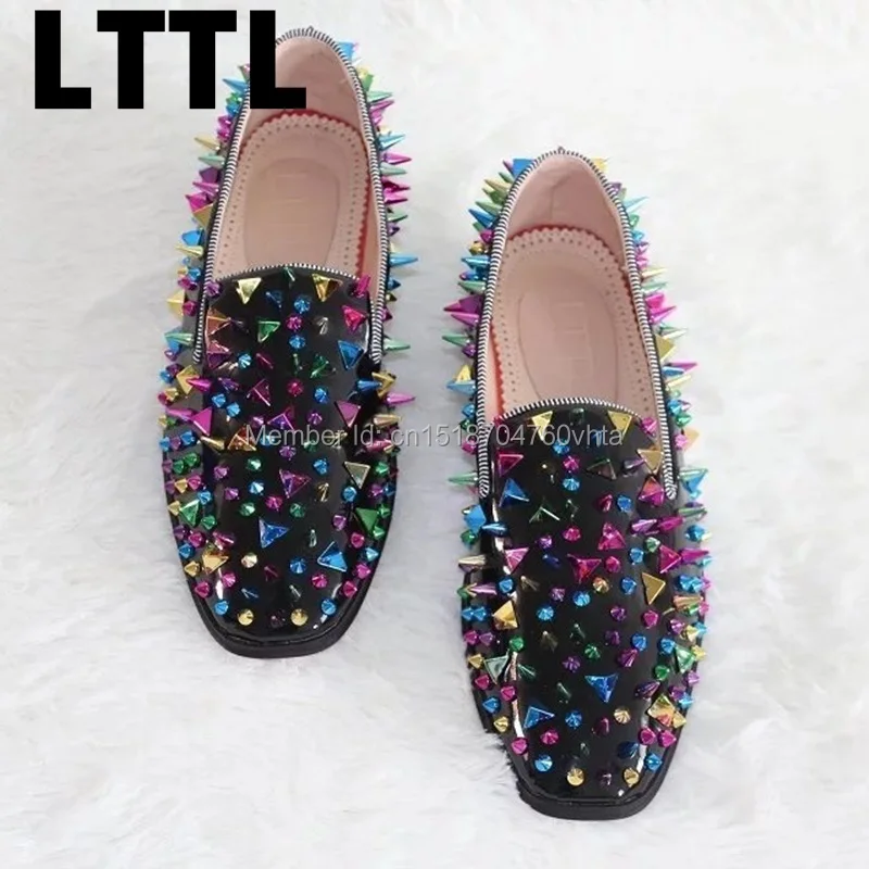 

New High Quality Long Colorful Rivet Men Punk Loafers Gentleman Luxury Fashion Stress Shoes Men Wedding and Party Slip on Flats
