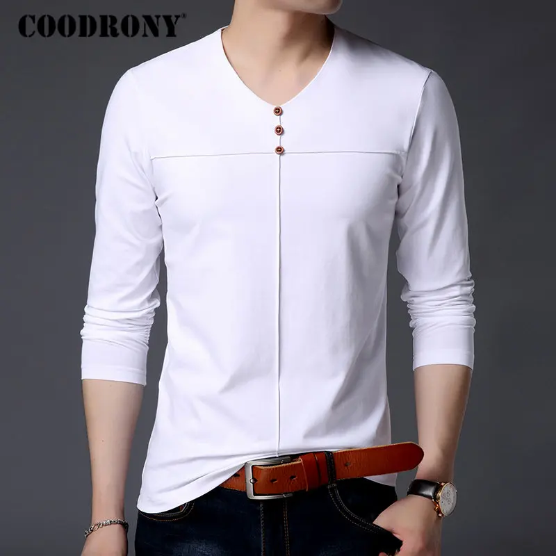 COODRONY футболка мужская одежда осень новое поступление футболка с длинным рукавом Мужская хлопковая футболка Homme Повседневная футболка с воротником 8610 - Цвет: Белый