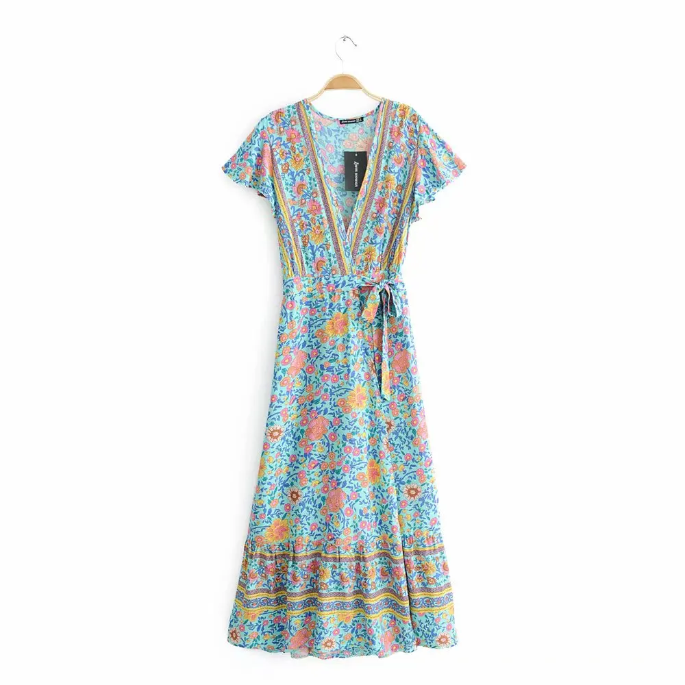 

women holiday wind sexy deep v neck flower vestidos printing bow tied casual slim long dress femme sashes beach dresses DS1809