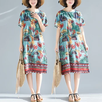 

Free shipping Summer 2019 New Retro Literature and Art Women's Printed Slim Dress Loose Size Medium-length