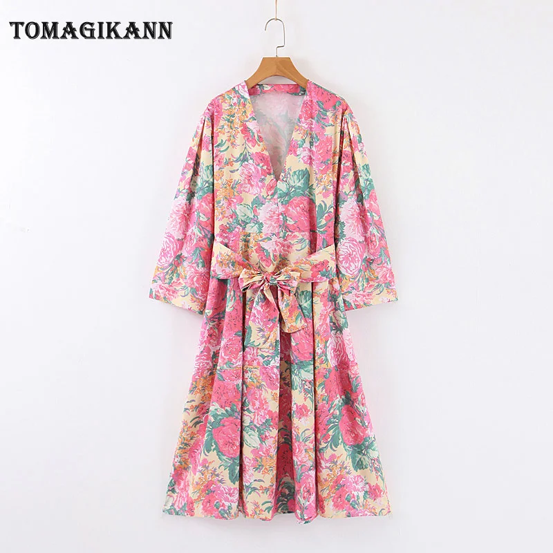 

2019 Summer Chic Floral Print V Neck Half Sleeve Loose Sashes Women Midi Dress