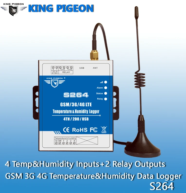 S264 Free Shipping GSM/SMS/GPRS/3G/4G Temperature&Humidity Data Logger No Distance Limitation 4 Temp &Hum Inputs Metallic Cover