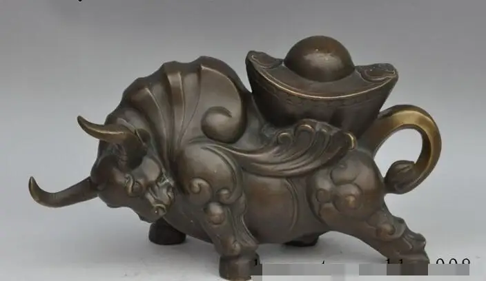 

S00444 Chinese fengshui Bronze Wealth YuanBao Stronger Cattle fly Bull Ox Animal Statue
