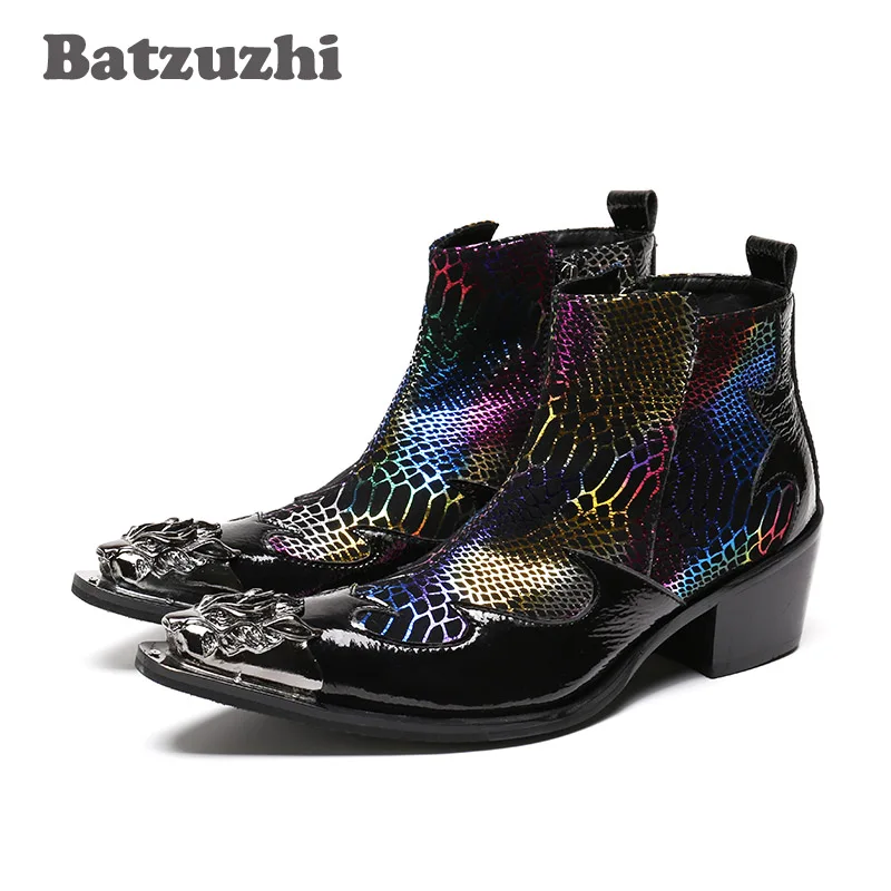 

Batzuzhi Western Style Fashion Men Short Boots Leather Breathable Men's Shoes Club/Business/Stage Boots Men Height Increased
