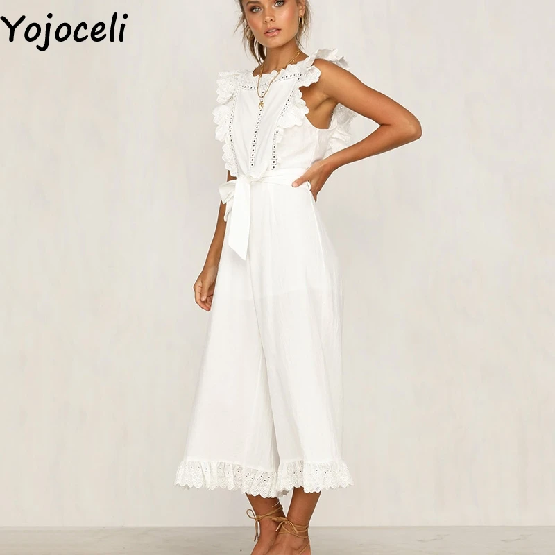 Yojoceli Sexy long white white jumpsuit romper Elegant party loose casual jumpsuit women Summer sleevelsss beach rompers