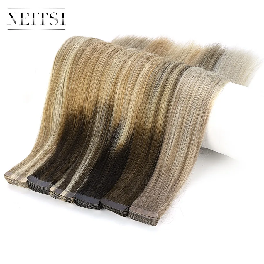 Neitsi 10 шт. Remy лента для наращивания человеческих волос, двойной нарисованный клей, прямые волосы, Уток 16 "20" 24 ", много цветов
