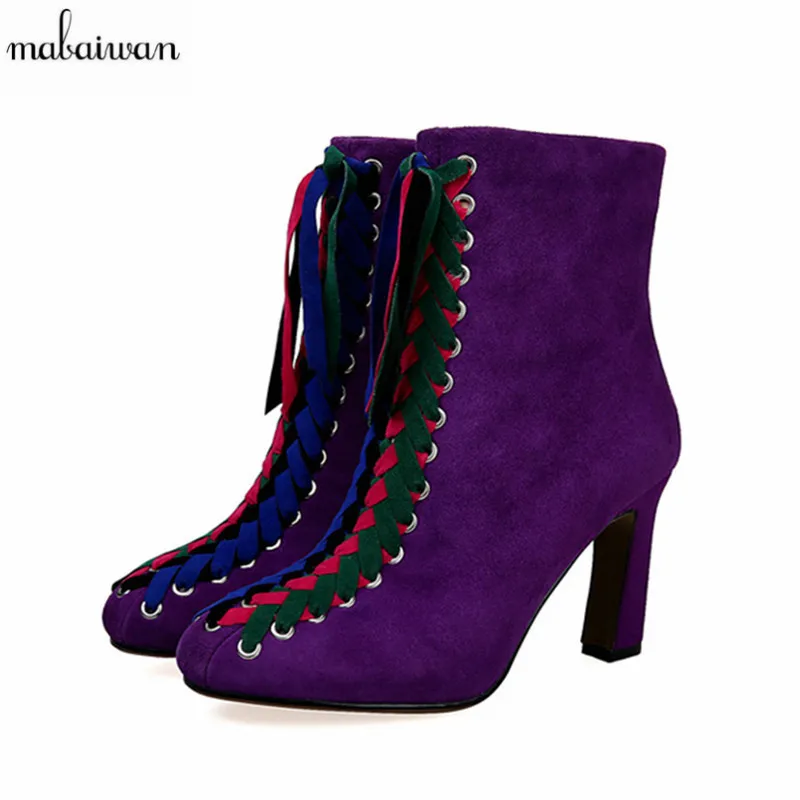 Mabaiwan Suede Ankle Boots Square Toe Zipper Botines Mujer High Heels Women Pumps Colorful Lace Short Botas Dress Shoes Woman Mabaiwan Suede Ankle Boots Square Toe Zipper Botines Mujer High Heels Women Pumps Colorful Lace Short Botas Dress Shoes Woman
