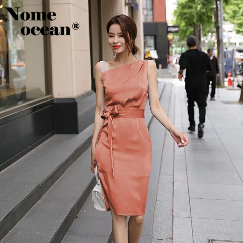 

One Shoulder Midi Dresses for Women Belted Waist Office Lady Women's Dresses 2018 Summer Sleeveless Tank Dress M18061903