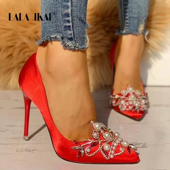 

LALA IKAI High Heels Pearls Beaded Satin Shoes Women Pumps Pointed Toe Flock Wedding Shoes Flower Red Party Pumps 014C0669-4
