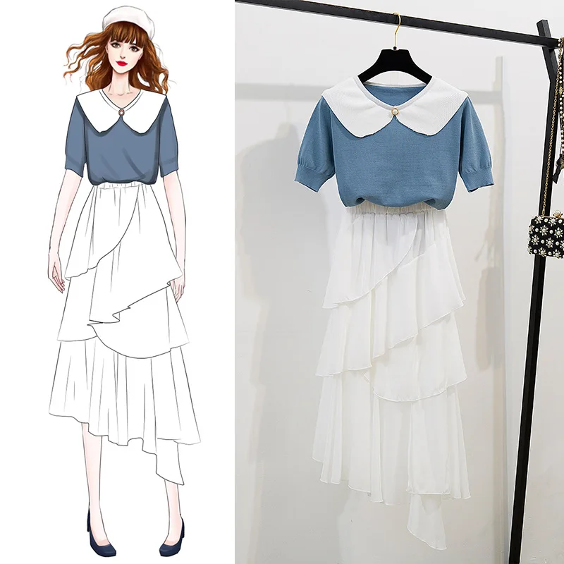 

ICHOIX summer 2 pieces skirt sets ruffles long skirt and knitted tops set two pieces outfits casual Korean 2 pieces sets women