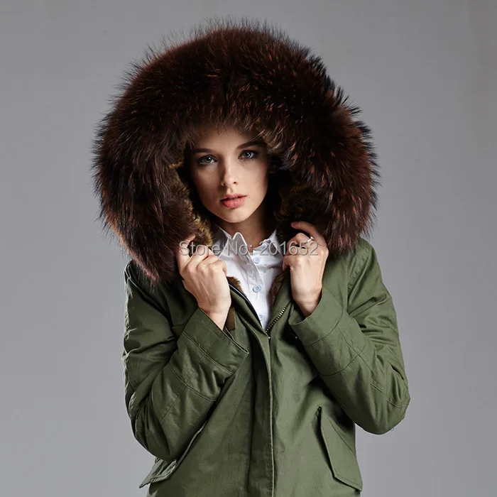 women's green natural fur coats genuine raccoon fur trimmed hood ladies ...