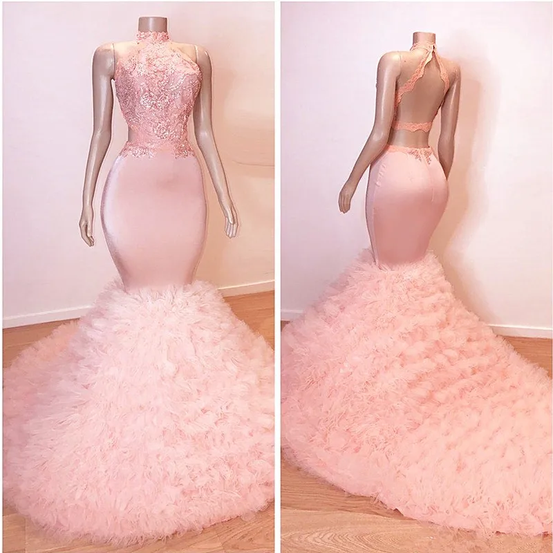 

African Tulle Ruffles Pink Prom Dresses Mermaid 2019 Sexy Halter Backless Elegant Women Prom Party Gowns For Black Girls