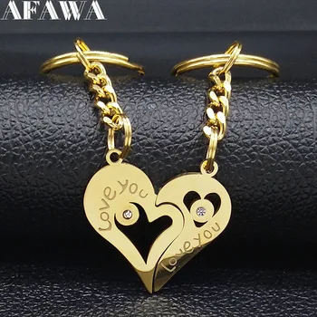 

2 PCS 2020 Fashion Love Heart Crystal Stainless Steel Couple Keychains Gold Color Keyring Jewelry llaveros para hombre K77634B