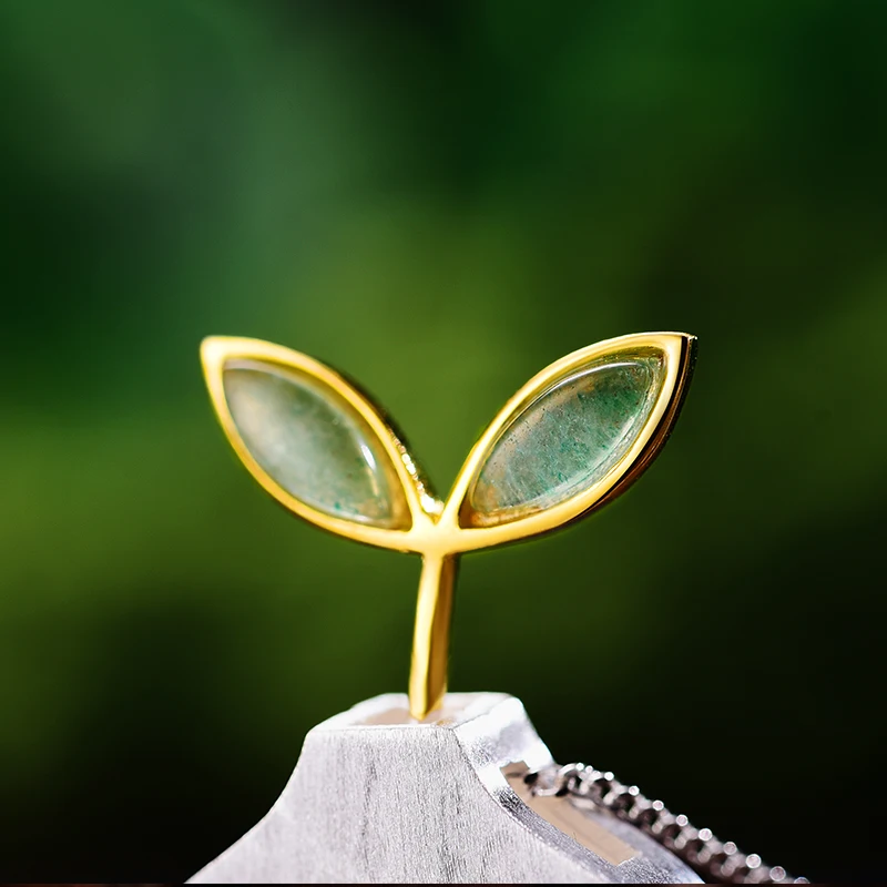 Lotus Fun 925 Sterling Silver Natural Aventurine Handmade Leaf Pendant without Chain Women silver pendant