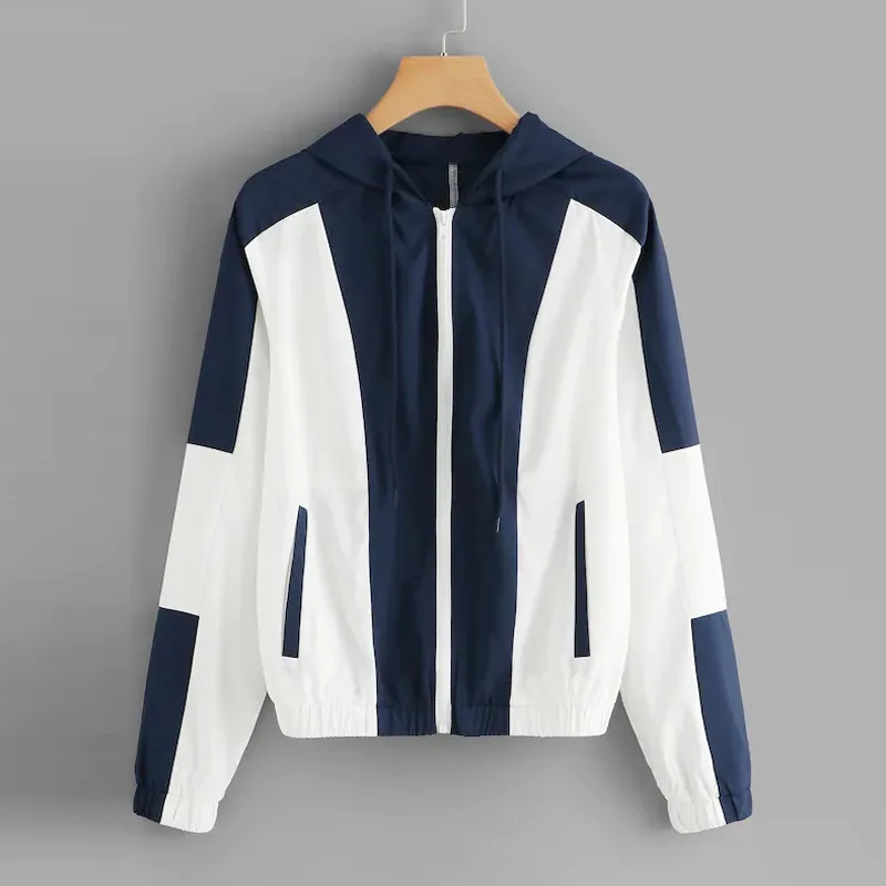 

Spring Autumn Fashion Hooded Two Tone Windbreaker Jacket Zipper Pockets Casual Long Sleeves Feminino Coats Outwear