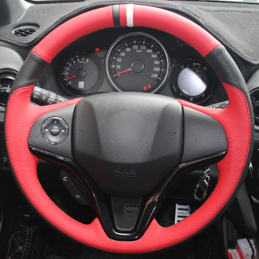 Black Red Natural Leather Car Steering Wheel Cover for Honda New Fit