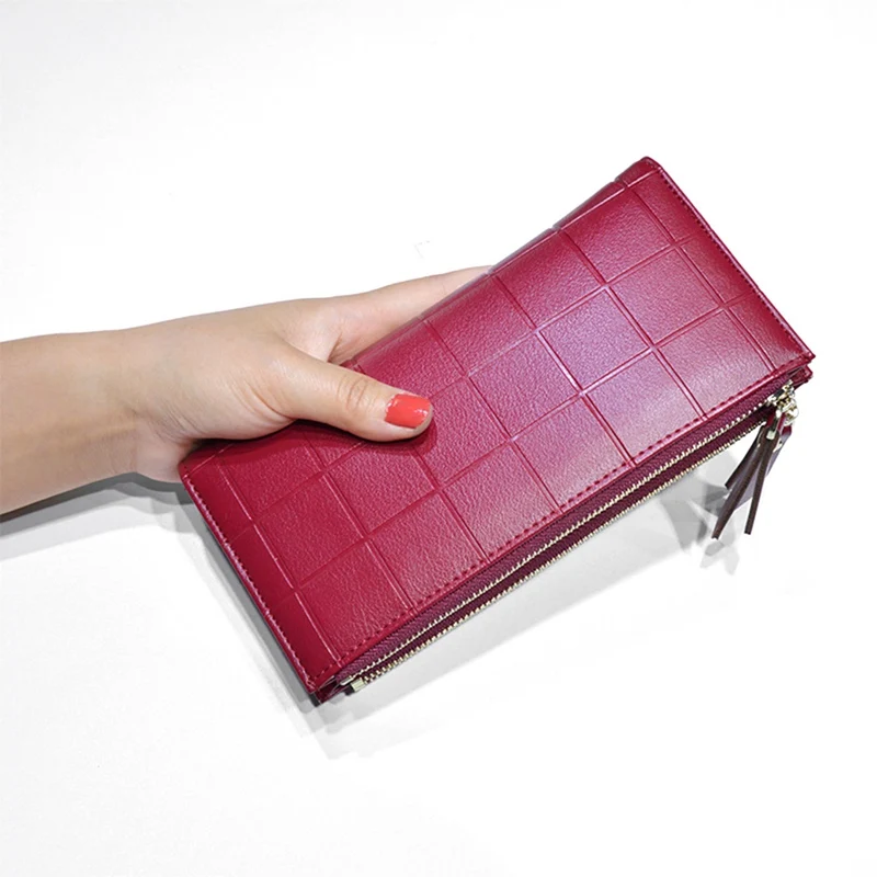 

Women Leather Purse Plaid Wallets Long Ladies Colorful Walet Red Clutch Holder Coin Bag Female Double Zipper Wallet
