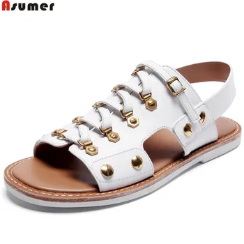 

ASUMER black white fashion summer ladies shoes flat buckle casual women genuine leather sandals comfortable