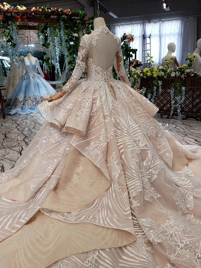 HTL433 long sleeves lace wedding dresses with train v-neck open back puffy ruffle wedding gowns heavy handwork robe de mariee (22)