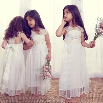 

Lovely A Line V Neck Tulle Lace Ankle Length Flower Girl Dresses