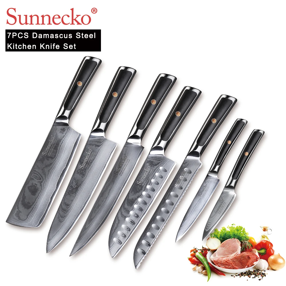 SUNNECKO Дамасские кухонные ножи Набор японских VG10 стали мясорубка G10 Ручка Высокое качество шеф-повара утилита слайсер нож для очистки овощей