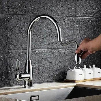 

Free shipping New Design Deck Mount Pull Out Kitchen Faucet Tap Hot And Cold Chrome Silver Color Copper Kitchen Mixer Taps ZR663