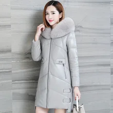 Зимнее женское кожаное пальто нового размера плюс средней длины воротник из лисьего меха с капюшоном высококлассное теплое Женское пальто из натуральной кожи Ll653