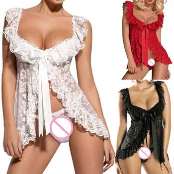 

2018 Plus Size Nightwear Sexy Lace Perspective Dress and T Pants Women Sexy Open Front Sleepwear Sets