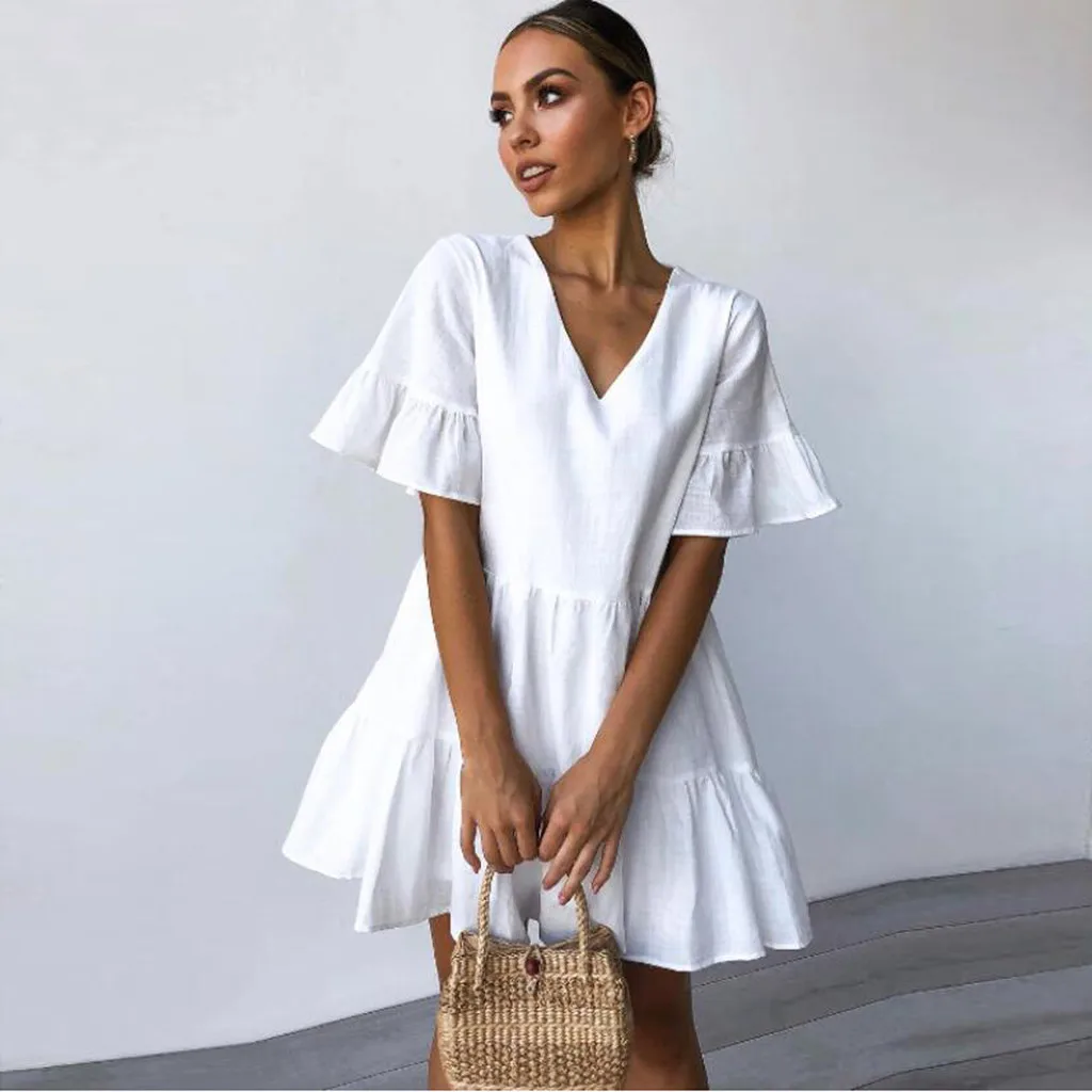 

Summer dresses casual women Mimi dress vestidos de verano Fashion Casual Solid V-Neck Short Sleeveless Mini Dress T509