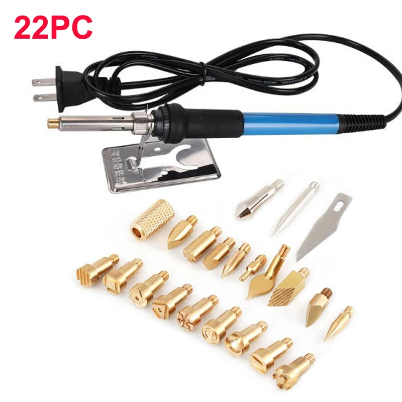 Dutoofree Electric Soldering Iron Temp Adjust Wood Embossing Burning Carving Pyrography Engrave Tool Kit Brass Solder Tips 60W