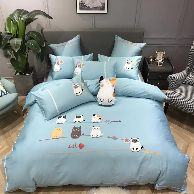 Queen King Size Cotton Bedding Set Blue Cute Cats Cartoon Bed Set