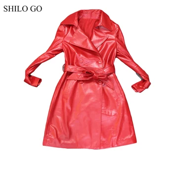

SHILO GO Leather Trench Womens Spring Fashion sheepskin genuine leather long coat lapel collar bow belt double breasted straight