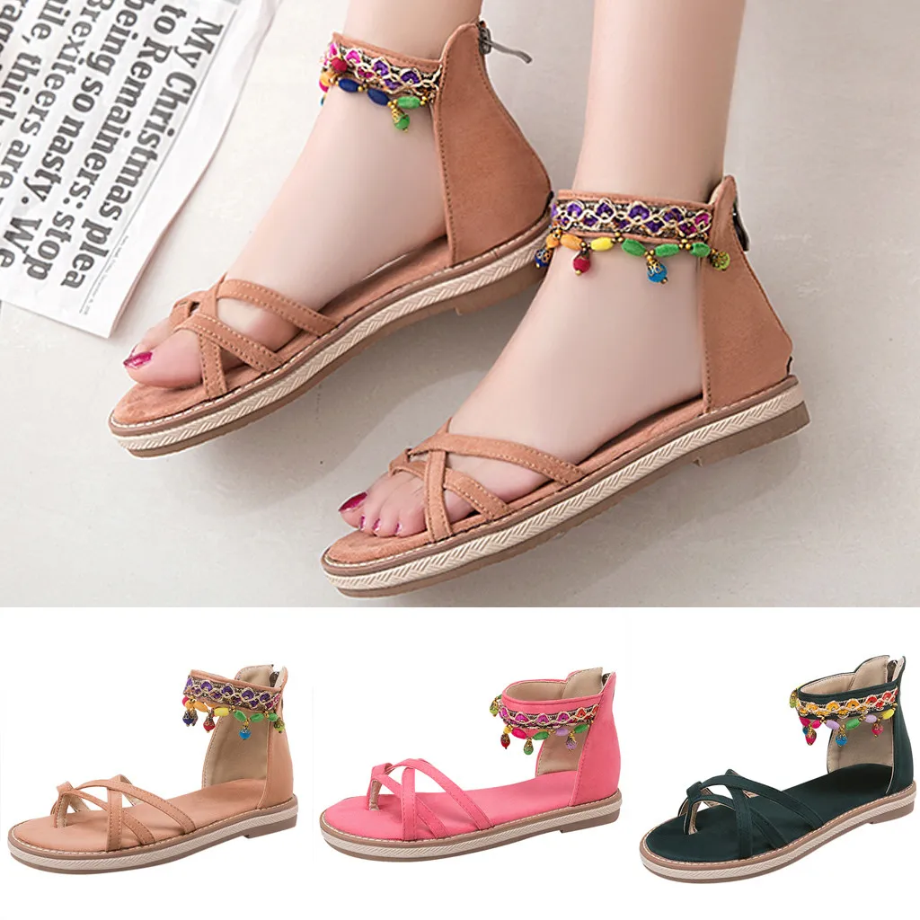 

fashion women sandals ethnic style summer Low Heel Back Zipper Beach shoes breathable beach soft bottom clip toe plus size