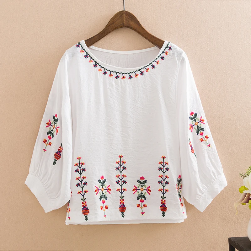 

Ethnic Vintage White Floral Embroidered Blouses For Women Loose Half Lantern Sleeve Shirt Women Cotton Linen Top Casual Blusas