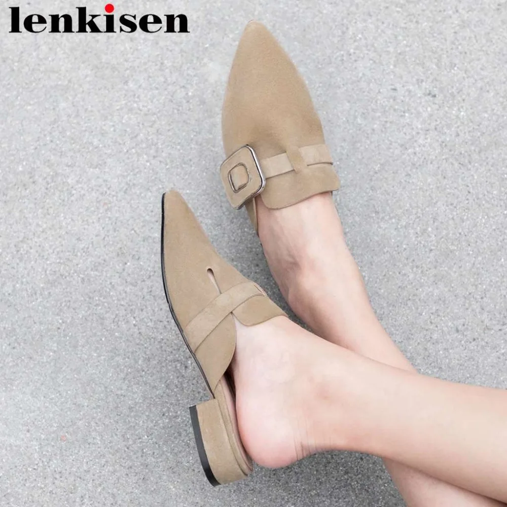 

Lenkisen full grain leather slip on mules pointed toe women pumps low heels metal fastener design simple style casual shoes L08