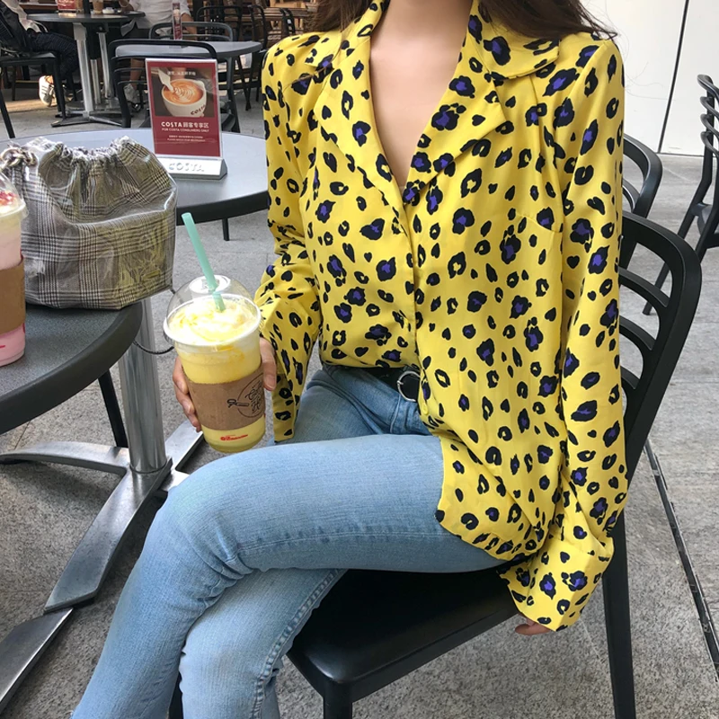 

Leopard Printed Yellow Blouses Elegant Turn-down Collar Shirts Office Lady Casual Long Sleeve Loose Tops And Blouses Femme