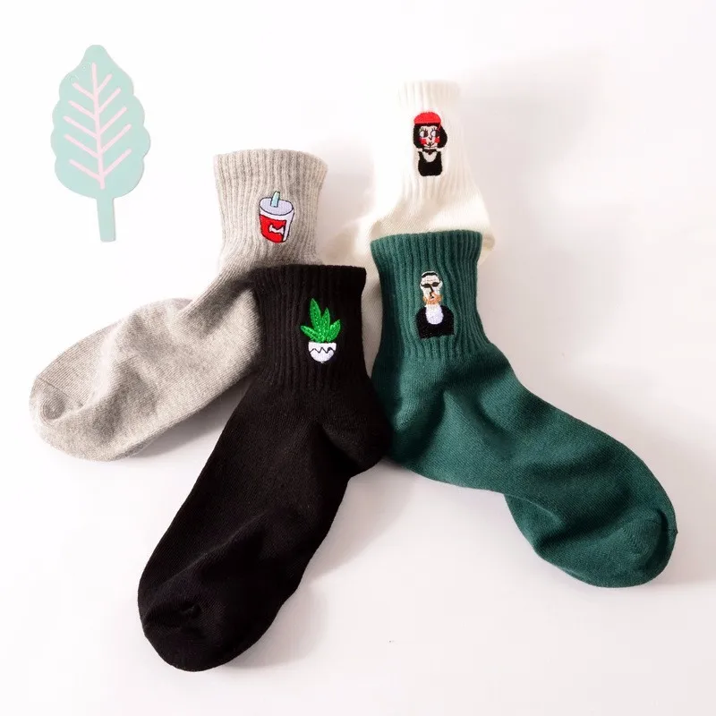 Хлопковые носки до щиколотки для женщин Harajuku, забавные носки с рисунками из мультфильмов и вышивкой для женщин, женские зимние креативные носки