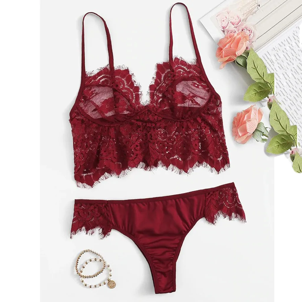 

Women Underwear Set New Eyelash Floral Lace Longline V-Neck Bra With Thong Sexy Lingerie bielizna erotyczna womens lingerie 2019