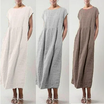 

Hot Women Dress Solid Color Cotton Linen Sleevleess Long Casual Sundress Vestidos Summer Dresses Plus Size Clothing O neck TY53