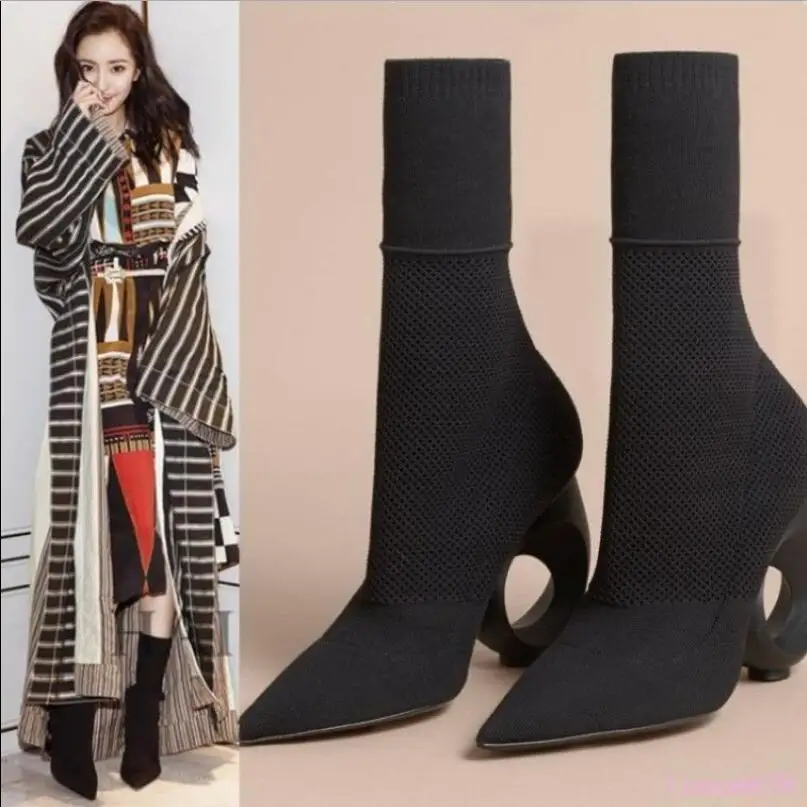 

Women's Special Circle Heel Shoes Pointy toe Pull on Knitted Fabric Boots New E57