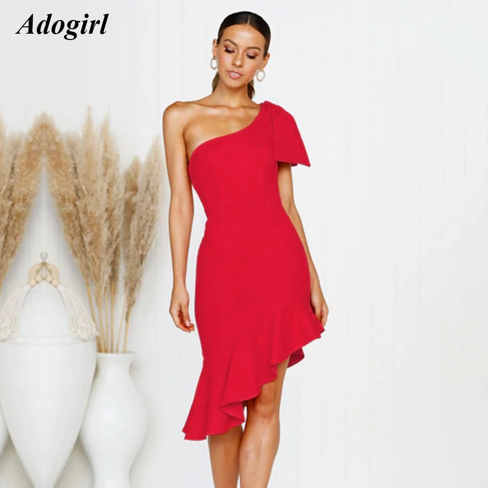 

Adogirl Elegant Irregular Ruffles One Shoulder Dress Women Sexy Shoulder Bow Mini Bodycon Women Dress Night Party Dress Vestidos