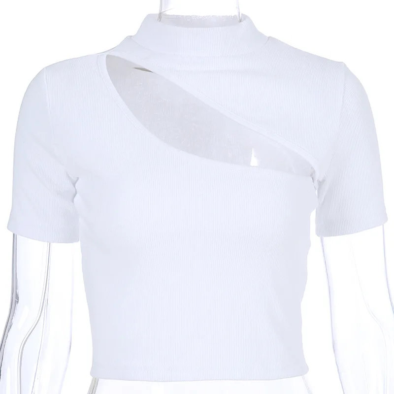 

NCLAGEN 2019 Sexy Fluorescent Color Irregular Cut Hollow Out Cropped Tops Tees Women Knitting Ribbed Turtleneck Slim T Shirts