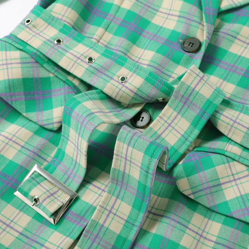 2019 New Spring Autumn Elegant Green Plaid Long blazer Jacket Women Vintage Long Sleeve With Sashes Female Casual Outerwear Tops 2019 New Spring Autumn Elegant Green Plaid Long blazer Jacket Women Vintage Long Sleeve With Sashes Female Casual Outerwear Tops