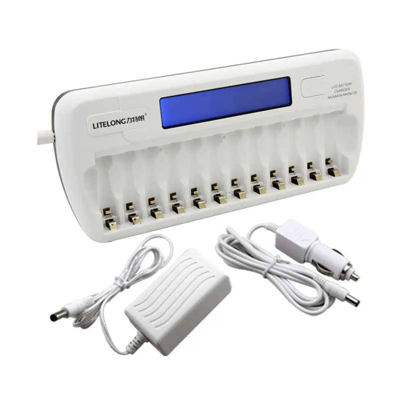 LITELONG 12 Slots NIMH NICD AA / AAA Smart LCD Battery Charger with car