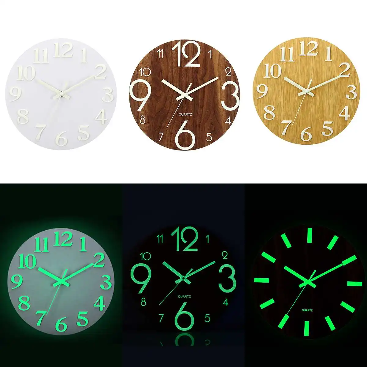 

12" Luminous Wall Clock Quartz Wooden Silent Non Ticking Dark Home Room Decor