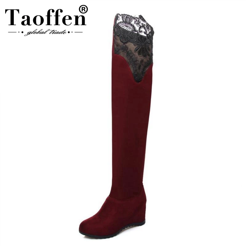 

TAOFFEN Size 34-43 Thigh High Boots Woman'S Shoes Fur Wedges Lace Long Boots Women Sexy Fashion Long Boots Shoes Female