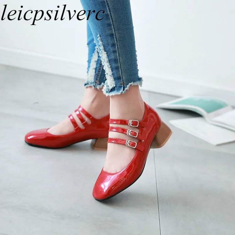 

Women's Pumps Med Heels Shoes Spring Autumn Patent Leather Buckle Square Toe 2018 Sexy New Fashion Casual Party Wedding Black